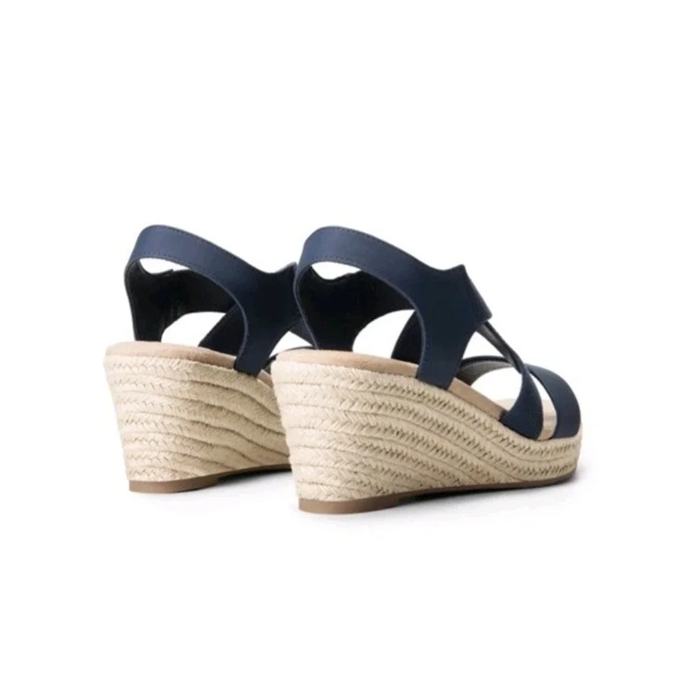 Women Elastic Ankle Strap‎ Espadrilles Wedge Sandals Open Toe Casual Sz 7 Navy